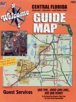 Central Florida,  Kissimmee, Orlando, and Lake Buena Vista Welcome Guide Map.  Major attractions and points of interest are all located on the map with a symbol and are quickly found with the map locator.